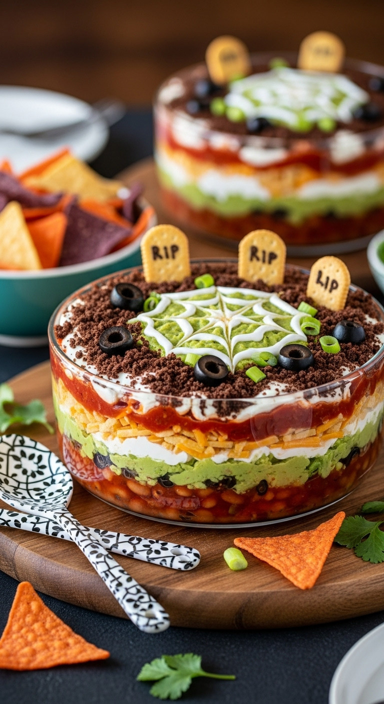Spooky Seven-Layer Dip With Halloween Graveyard Topping In Glass Dish, Tortilla Chips, Party Food.