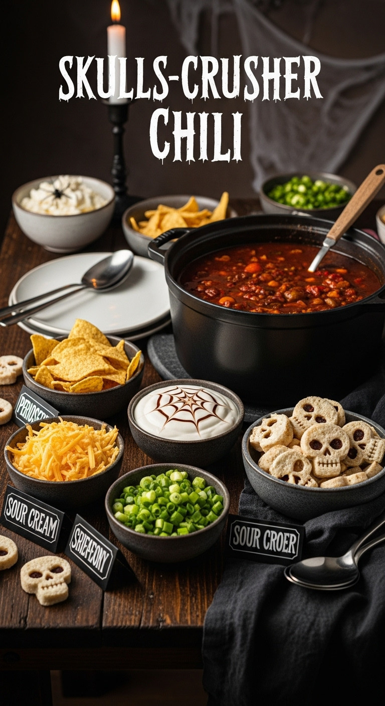 Spooky Skull-Crusher Chili Bar With A Steaming Pot, Skull Chips, And Themed Toppings On A Dark Rustic Table For Halloween.