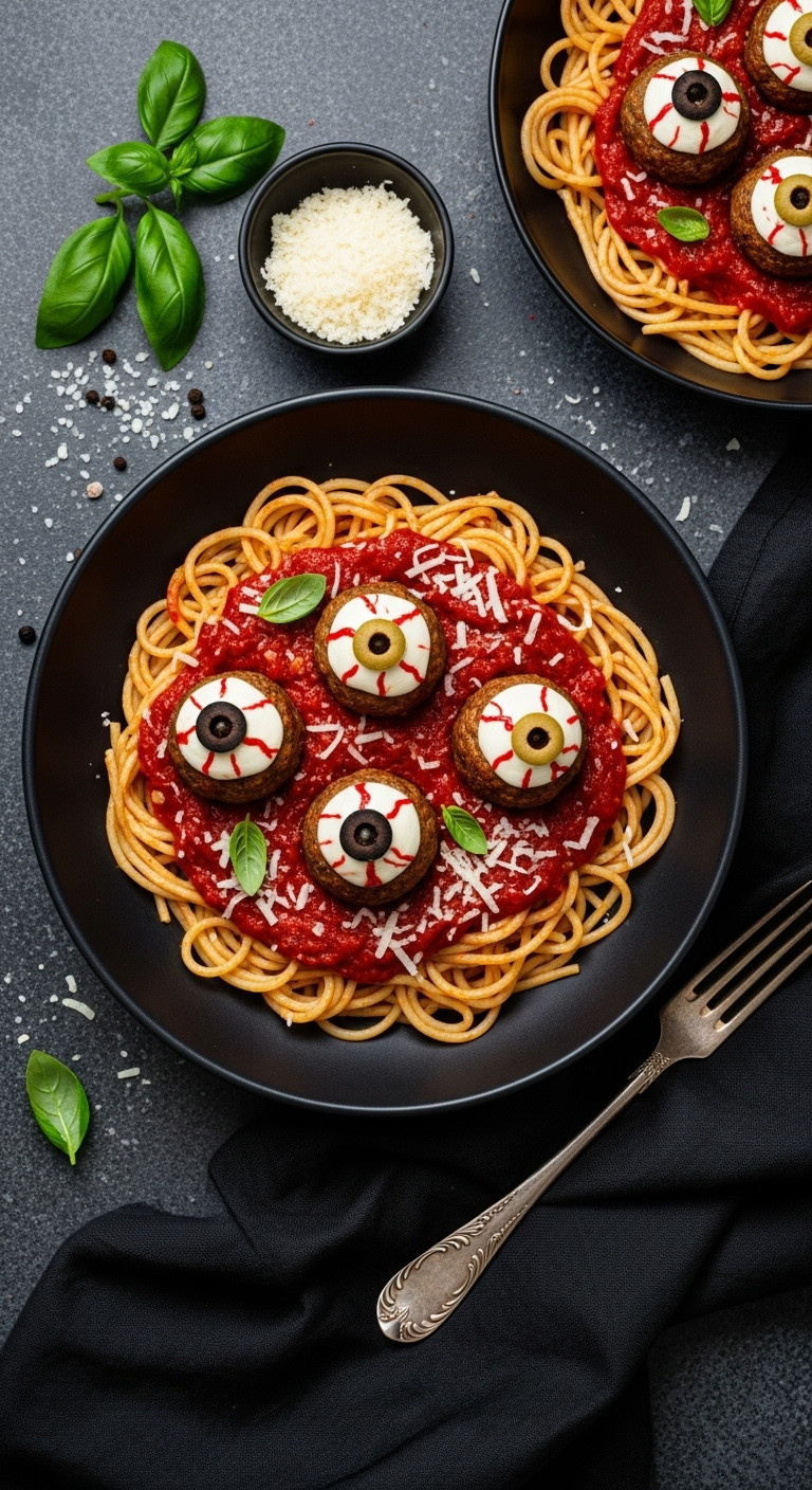 Spooky Spaghetti Meatball Eyeballs Gothic Halloween Dinner Flat Lay Dramatic Lighting
