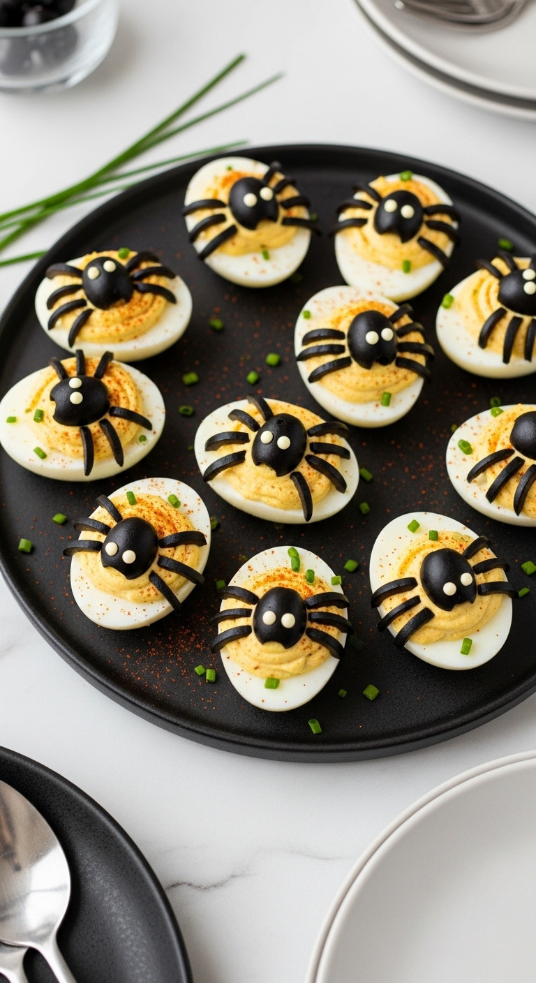 Spooky Spider Deviled Eggs With Black Olive Spiders On A Dark Circular Platter With Paprika And Chives