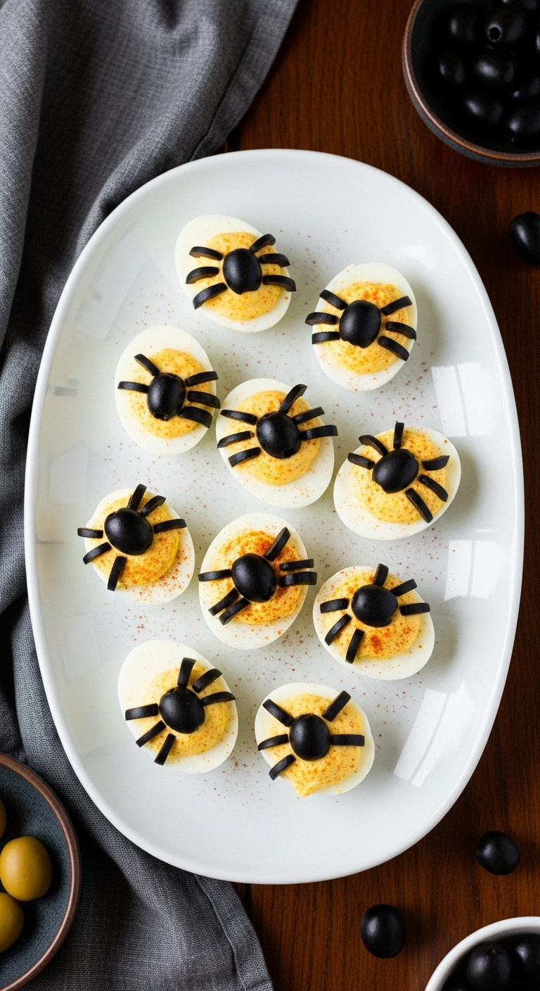 Spooky Spider Deviled Eggs With Black Olive Spiders On A White Deviled Egg Platter