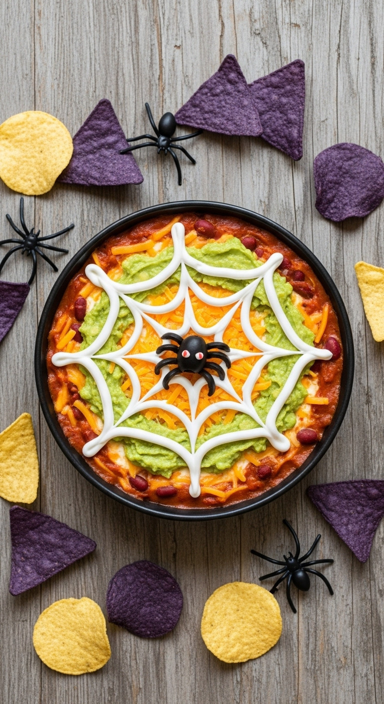 Spooky Spider Web Dip With A Sour Cream Web And Black Olive Spider In A Round Black Bowl