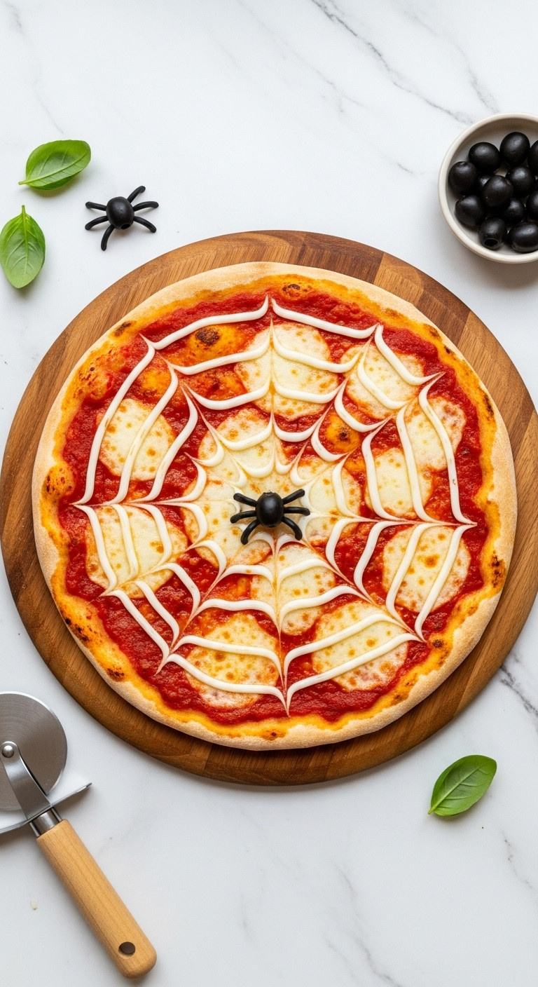 Spooky Spider Web Pizza With Tomato Sauce Mozzarella And Black Olive Spider On A Round Wooden Pizza Peel