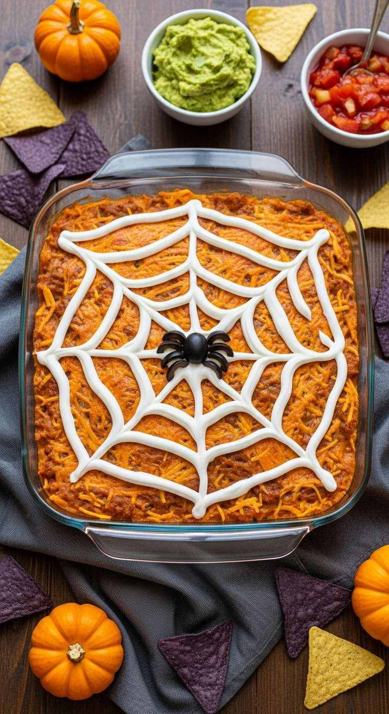 Spooky Spider Web Taco Dip With A Black Olive Spider Surrounded By Tortilla Chips And Pumpkins On A Wooden Table