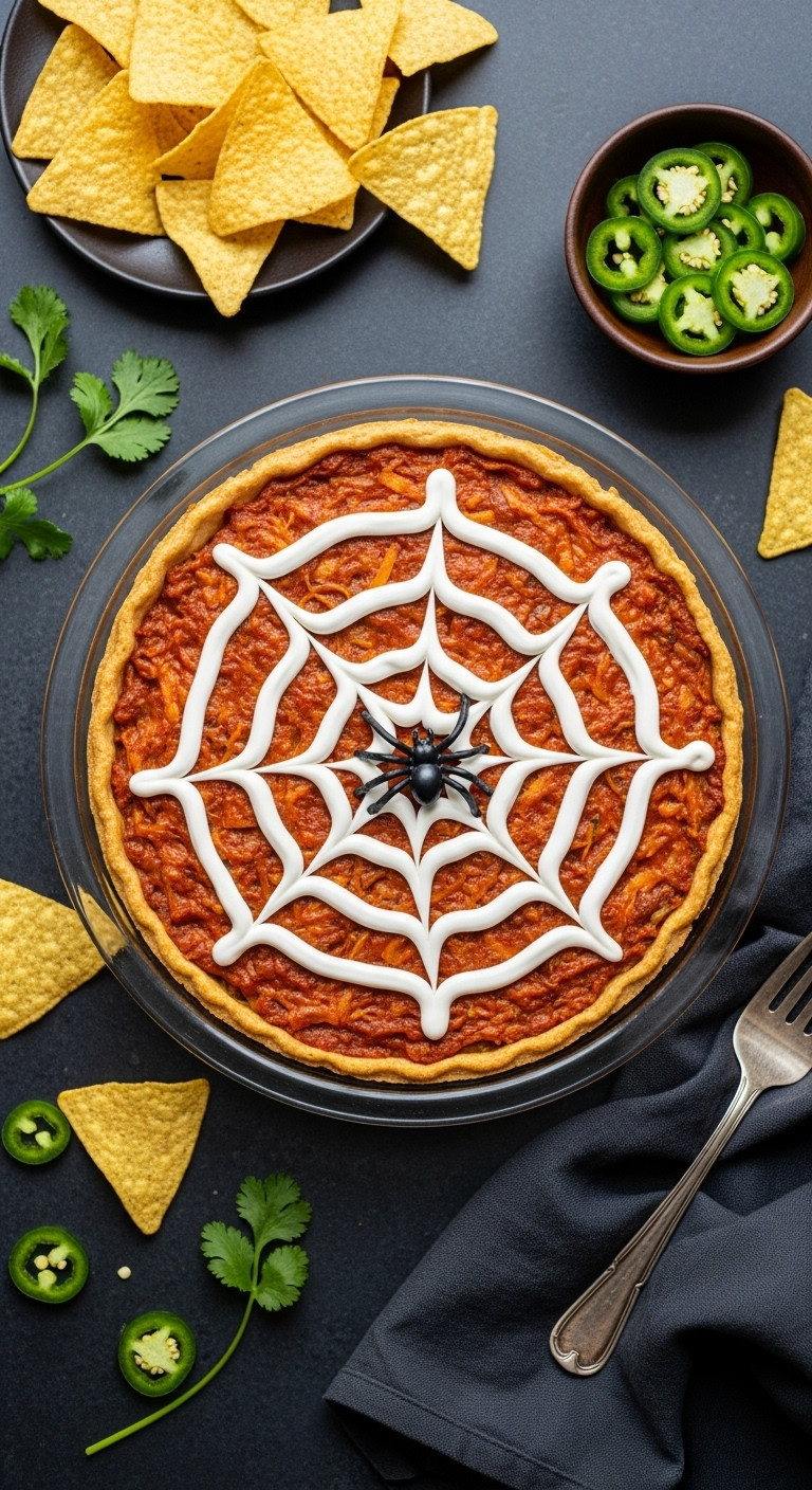 Spooky Spiderweb 7-Layer Dip In A Glass Pie Dish, Plastic Spider, Vibrant Layers, Tortilla Chips, Jalapeños. Perfect Halloween Party Food.
