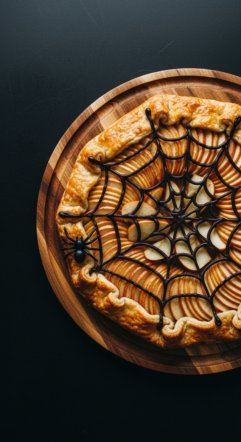 Spooky Spiderweb Apple Tart With Chocolate Web And Plastic Spider On A Wooden Board. Elegant Halloween Dessert For Fall.