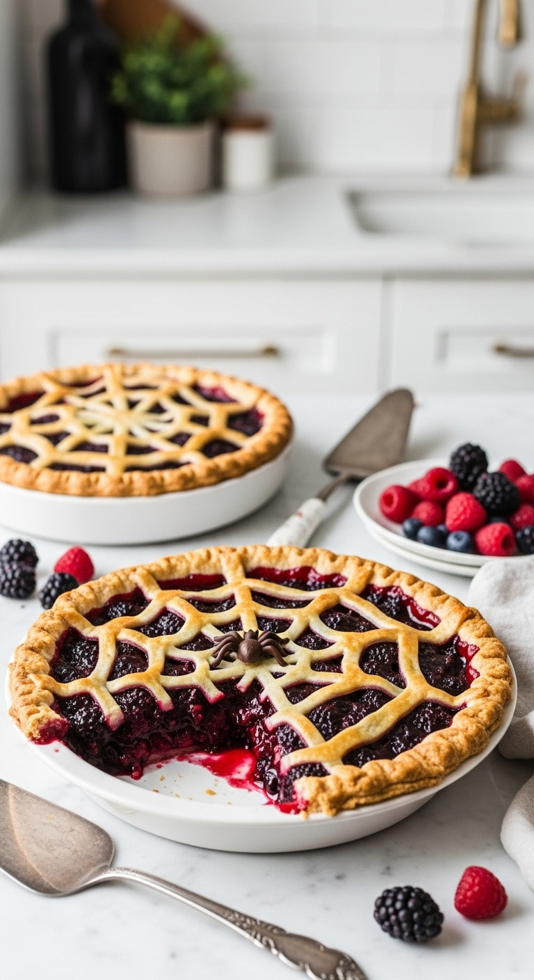 Spooky Spiderweb Berry Pie With Deep Red Filling, Flaky Golden Crust, Chocolate Spider, Marble Counter, Fresh Berries.
