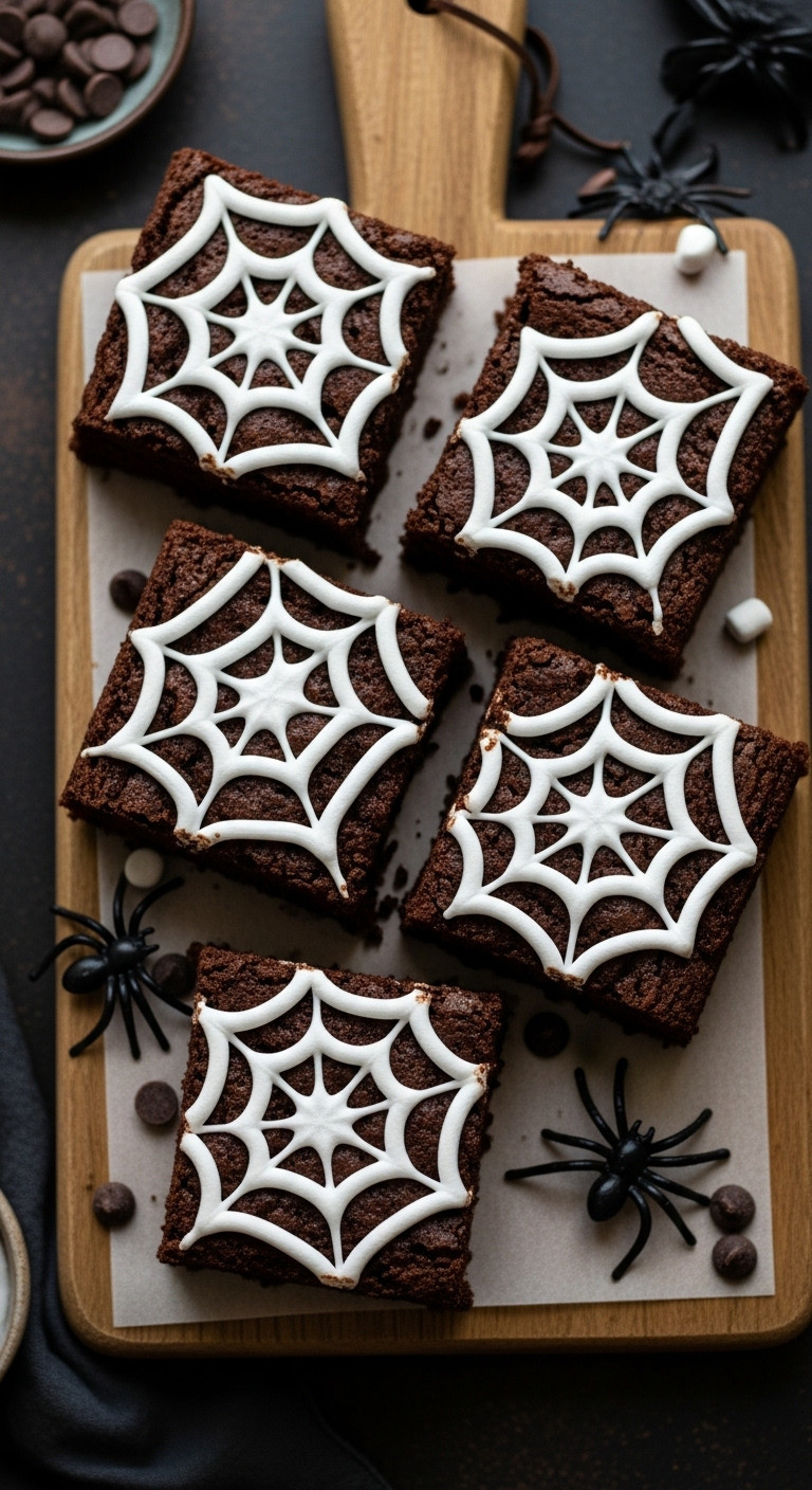 Spooky Spiderweb Brownies With Rich Chocolate And Marshmallow Webs On A Rustic Wooden Cutting Board