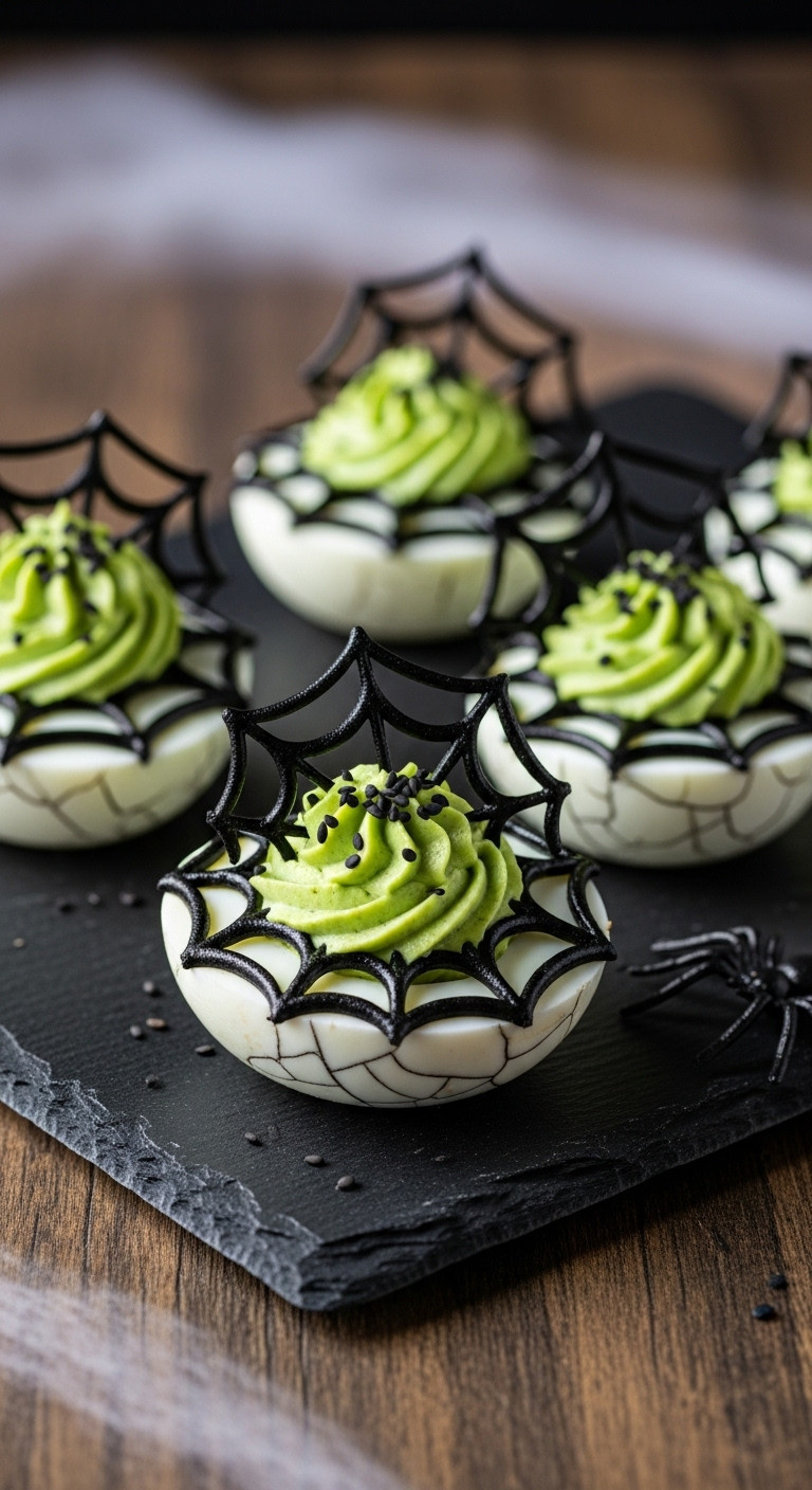 Spooky Spiderweb Deviled Eggs On A Dark Slate Tray With Eerie Green Filling And Black Crackle Pattern Ideal For Halloween Party Recipes