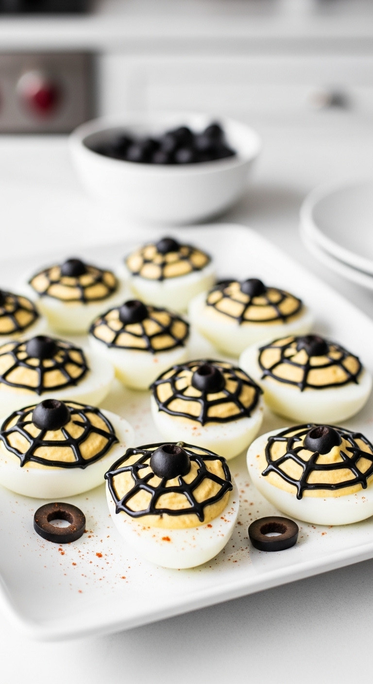 Spooky Spiderweb Deviled Eggs With Black Olive Spiders On A White Ceramic Platter For Halloween Brunch