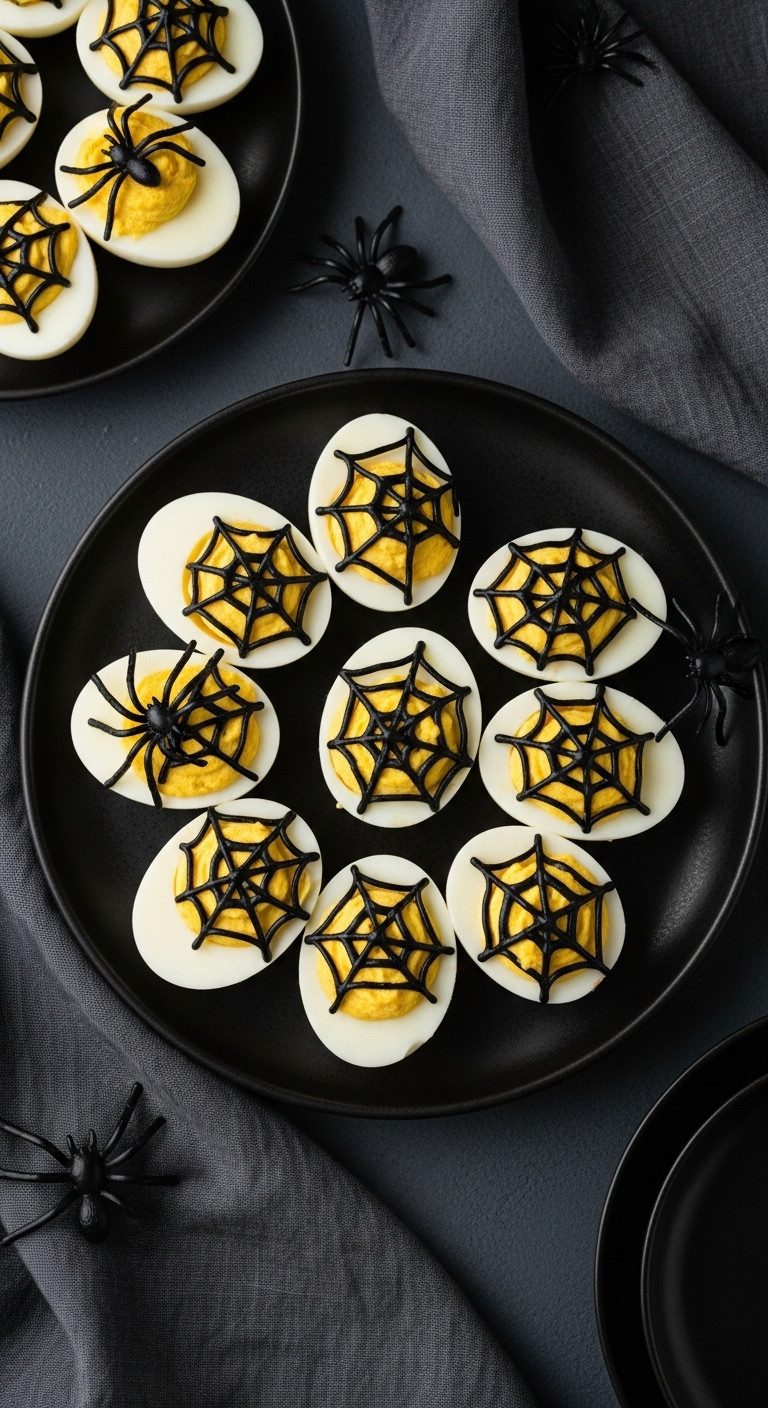 Spooky Spiderweb Deviled Eggs With Creamy Yellow Filling On A Black Ceramic Plate With A Plastic Spider For Halloween Fun