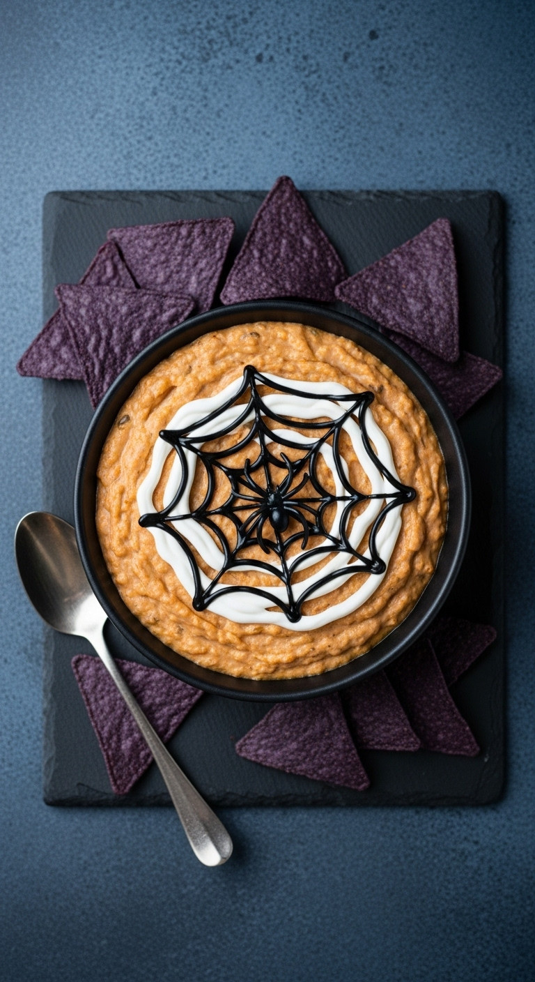 Spooky Spiderweb Dip With Black Sour Cream Design &Amp; Plastic Spider In Dark Bowl, Surrounded By Blue Corn Chips.