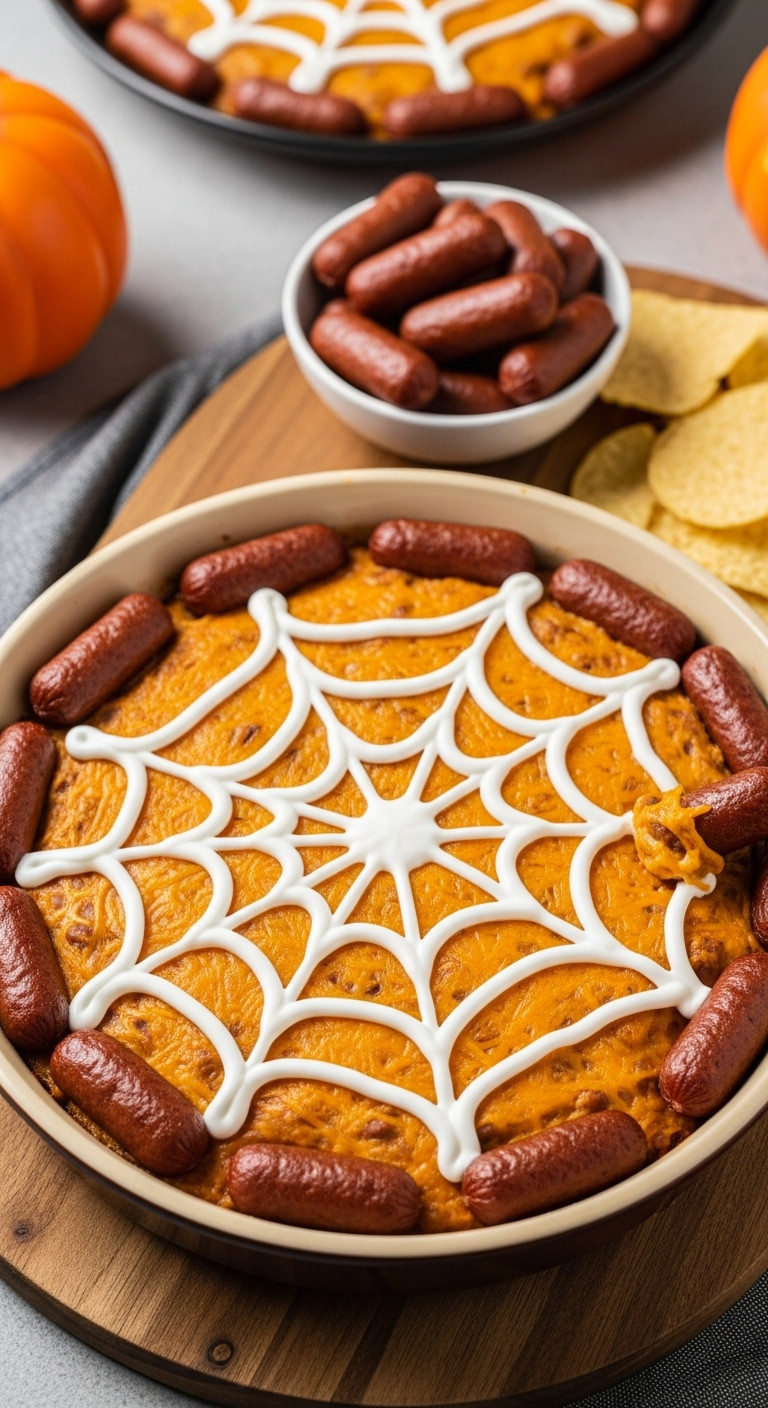 Spooky Spiderweb Dip With Lil Smokies And Tortilla Chips On A Rustic Wood Board At A Halloween Party