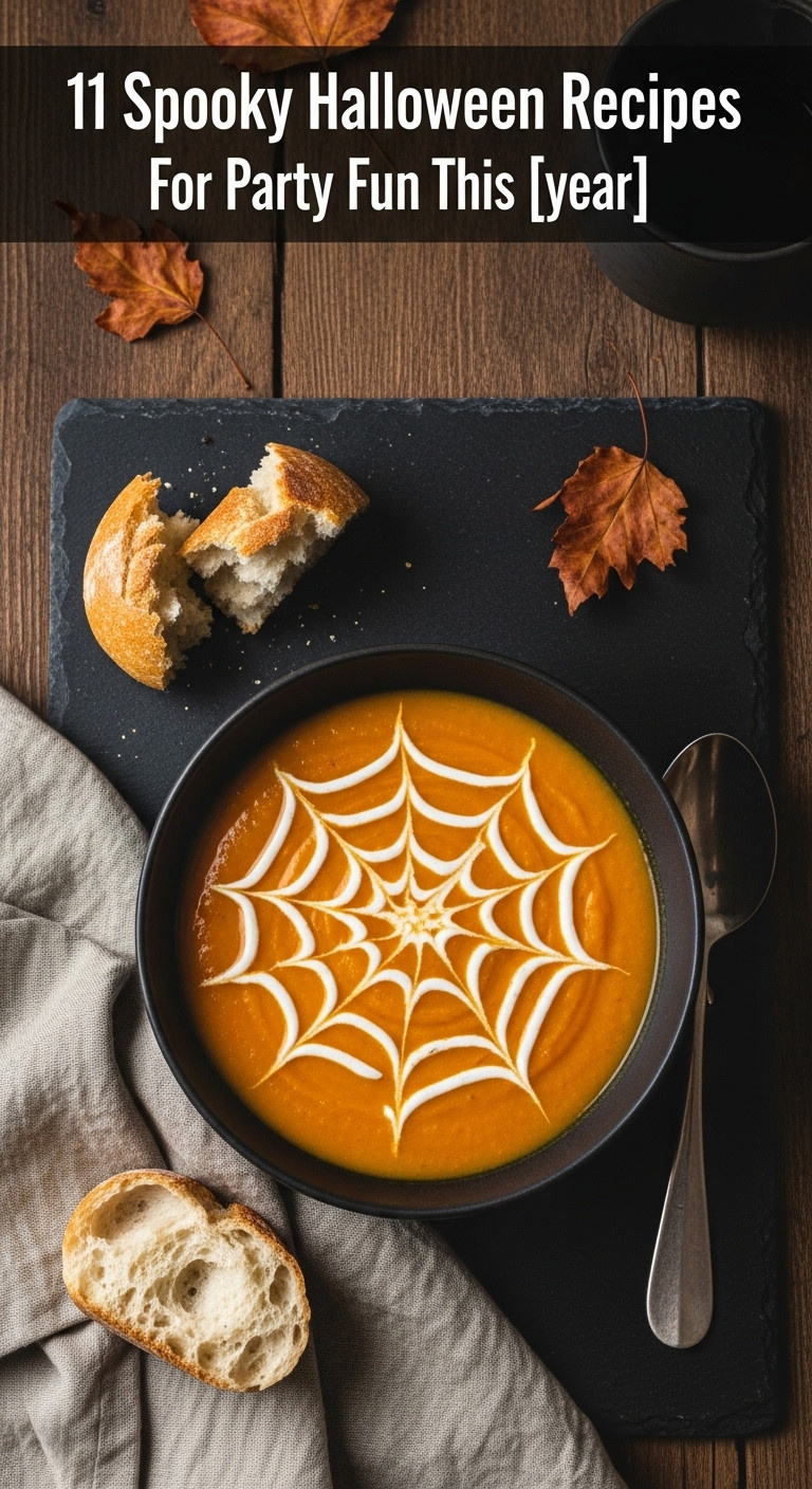 Spooky Spiderweb Soup With Vibrant Orange Carrot Squash And Sour Cream Web Design In A Rustic Bowl On A Dark Slate Placemat