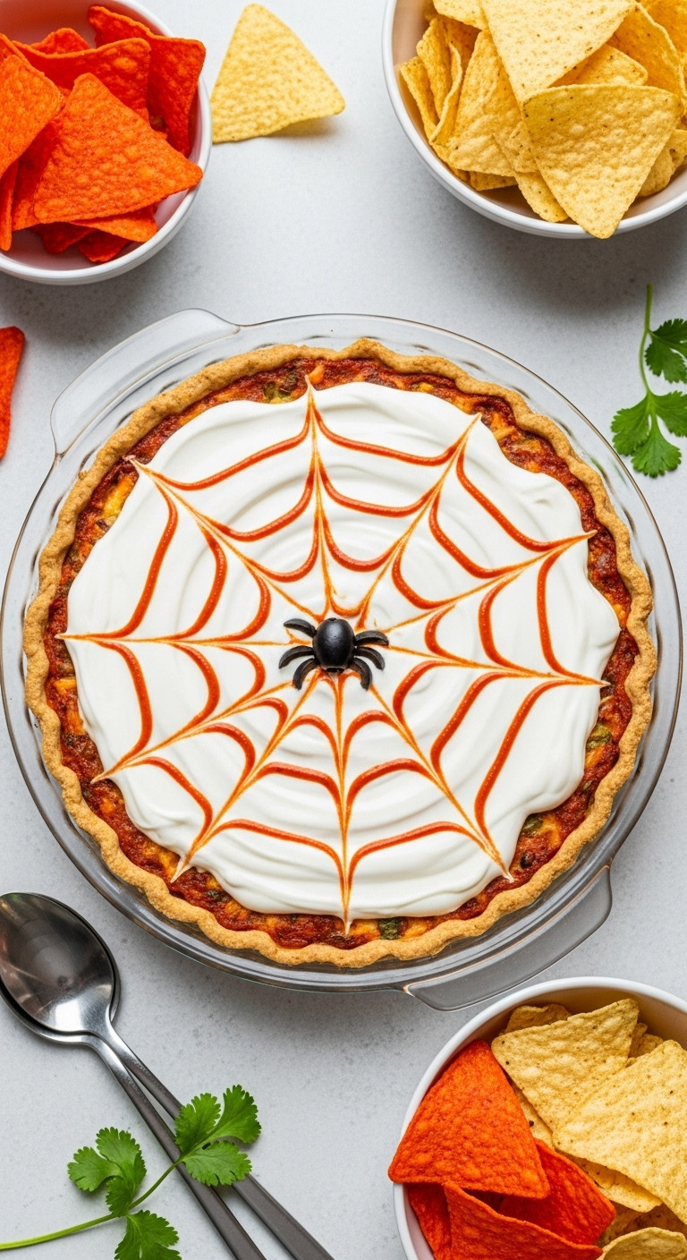 Spooky Spiderweb Taco Dip With Olive Spider And Colorful Chips For Aesthetic Halloween Party