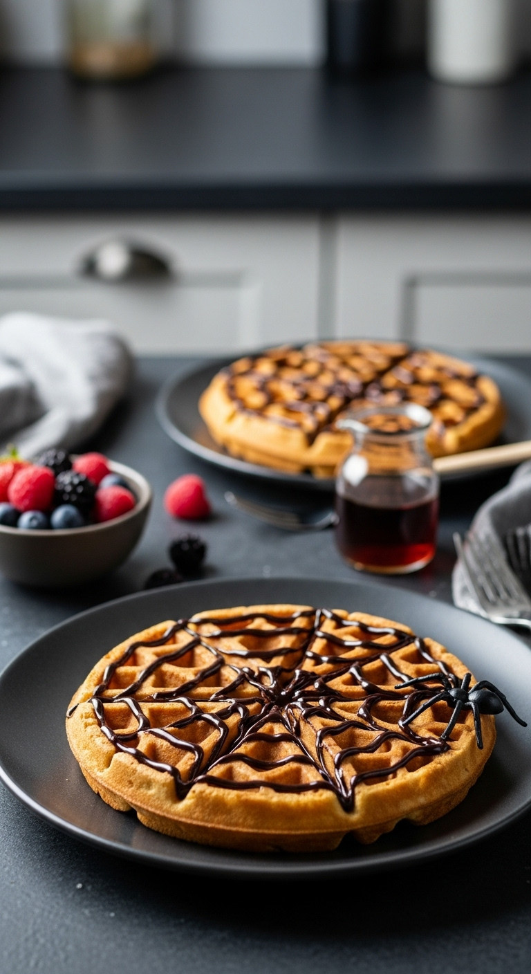 Spooky Spiderweb Waffle With A Plastic Spider On A Dark Gray Plate For Halloween Breakfast
