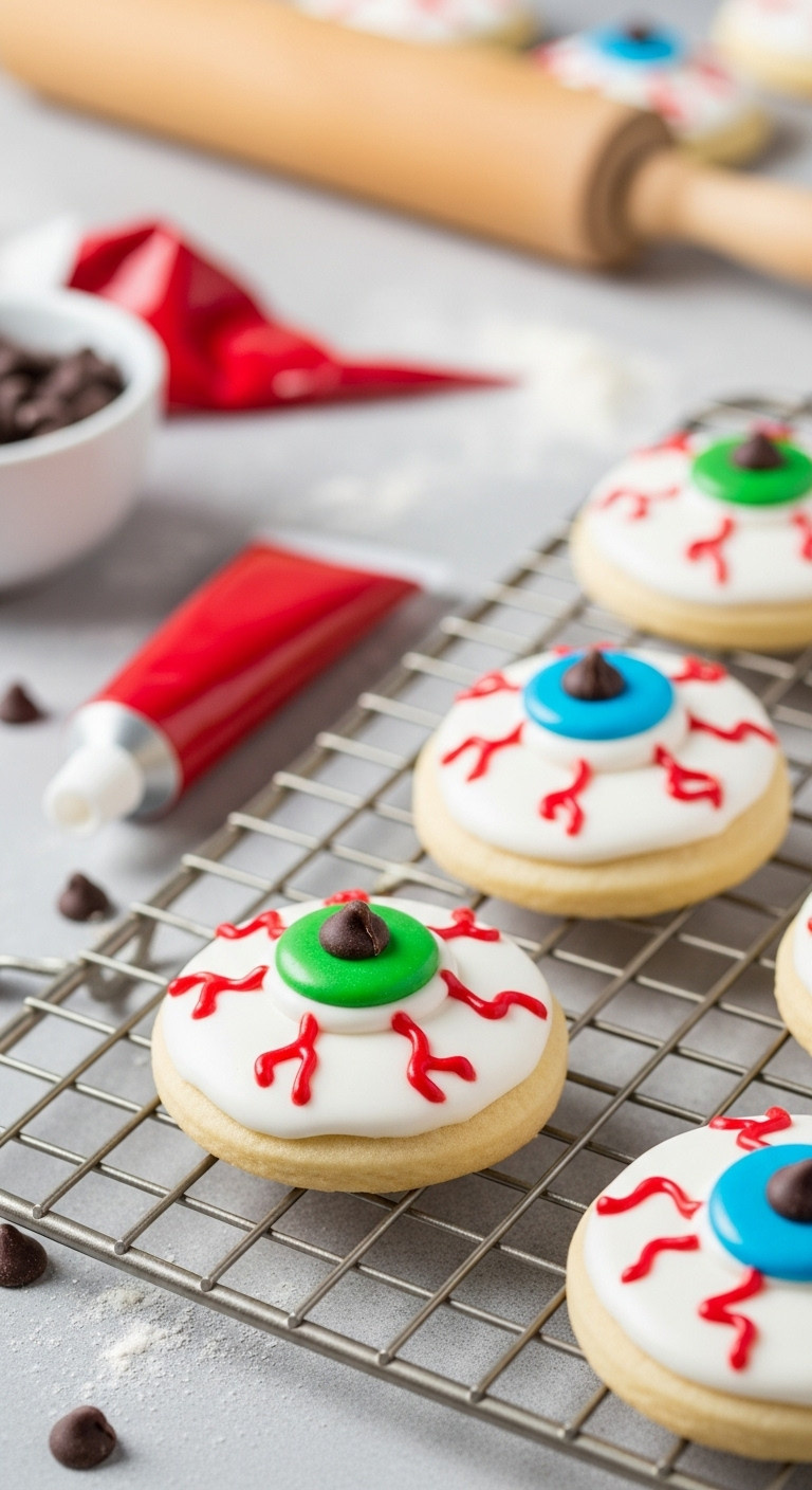 Spooky Sugar Cookie Eyeballs With White Royal Icing Candy Melt Iris Chocolate Chip Pupil And Red Veins On A Cooling Rack