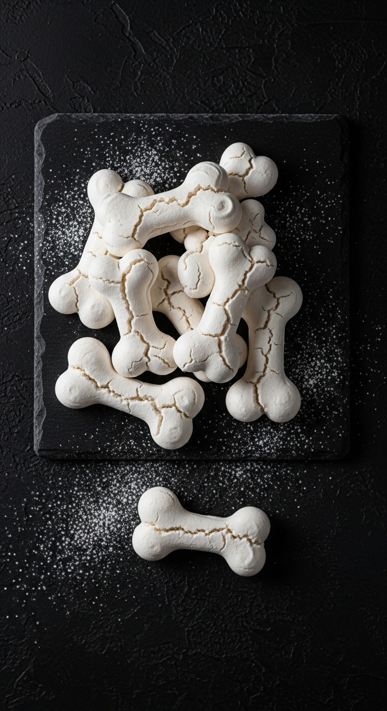 Spooky Sweet Meringue Bones Piled On Black Slate With A Dusting Of Powdered Sugar