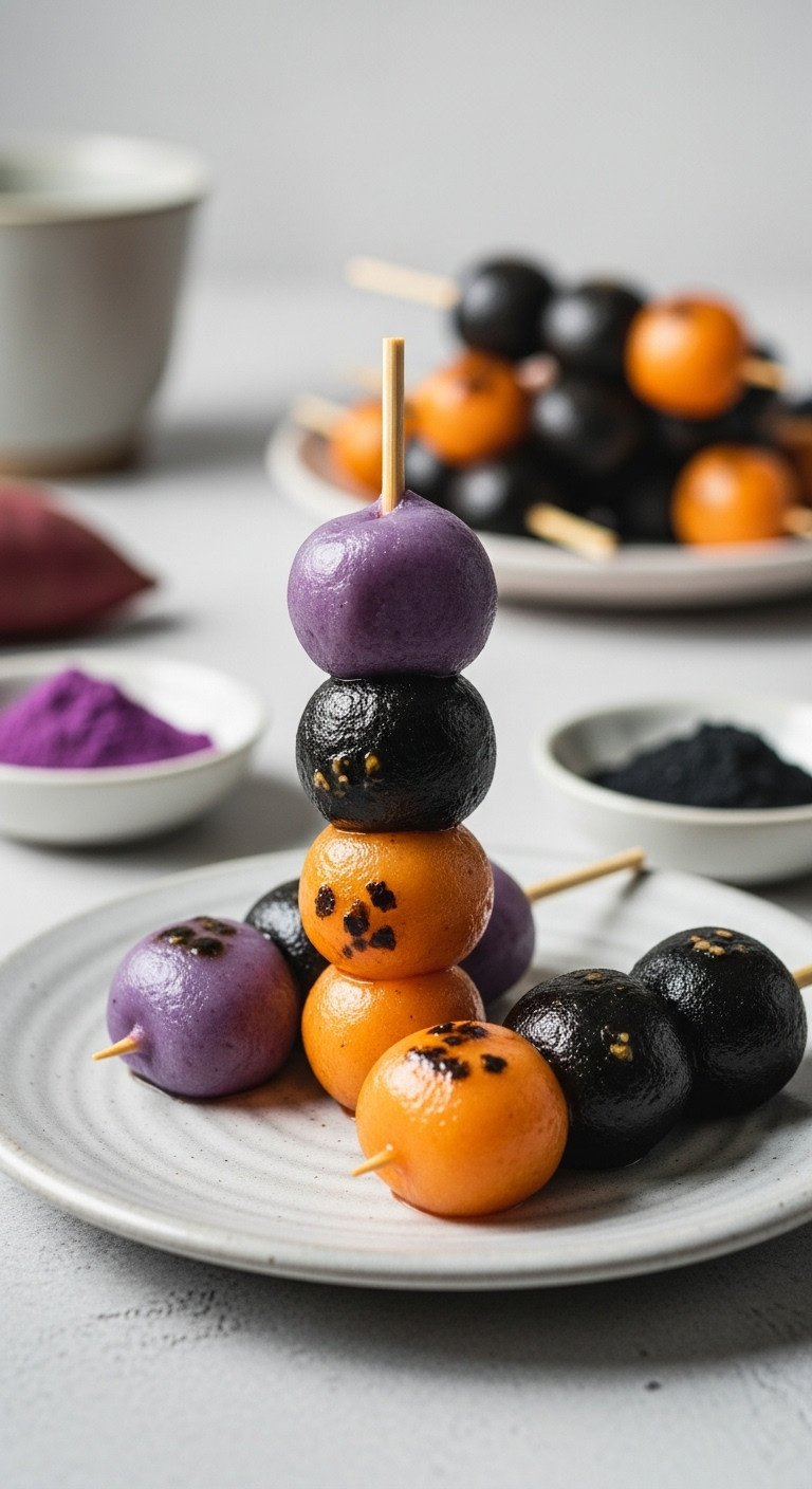Spooky Three Colored Halloween Dango Skewers With Purple Orange Black Balls And Smooth Glossy Texture Perfect For Japanese Recipes