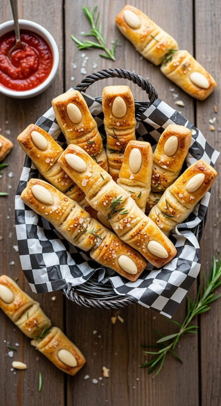 Spooky Witch Finger Breadsticks With Almond Fingernails In A Rustic Basket With Marinara Dipping Sauce
