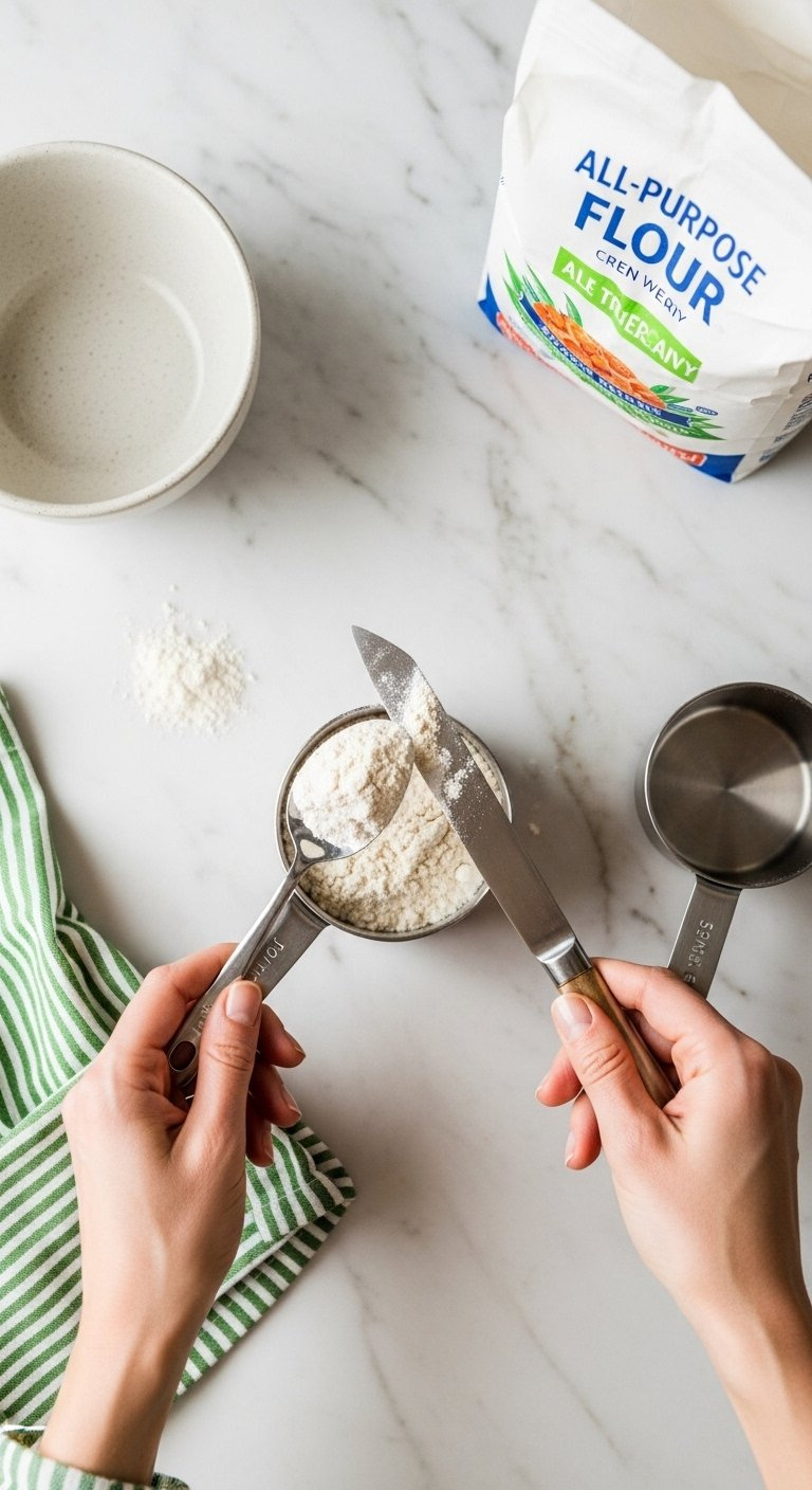Spoon And Level Method Showing Flour Being Measured In A Metal Cup With A Knife On A Marble Countertop.
