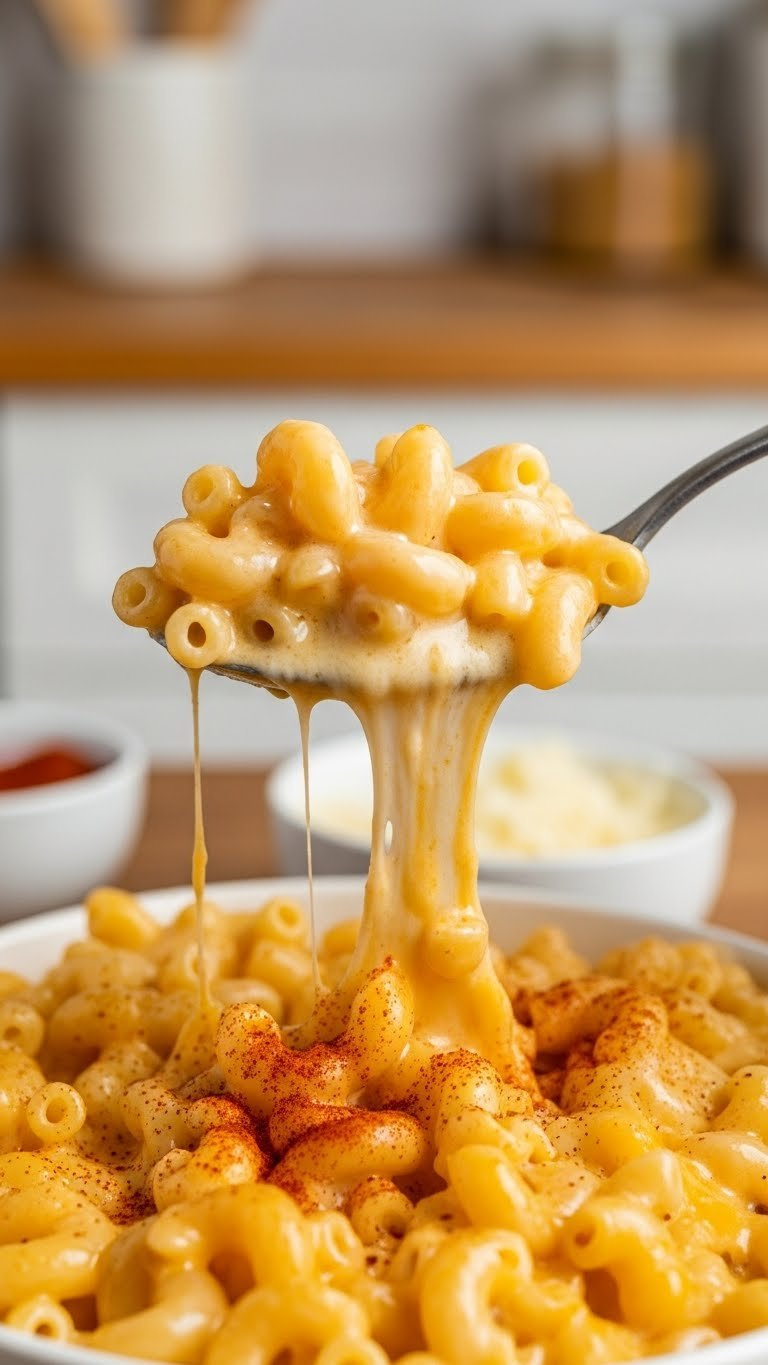 Spoon Lifting Creamy Macaroni And Cheese With Cheese Pull From Bowl With Paprika Garnish