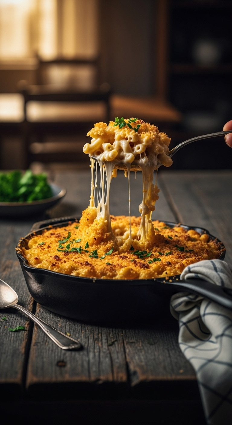 Spoon Lifting Extra Creamy Southern Baked Mac And Cheese From A Cast-Iron Skillet With A Golden-Brown Crispy Top And Gooey Cheese Pull