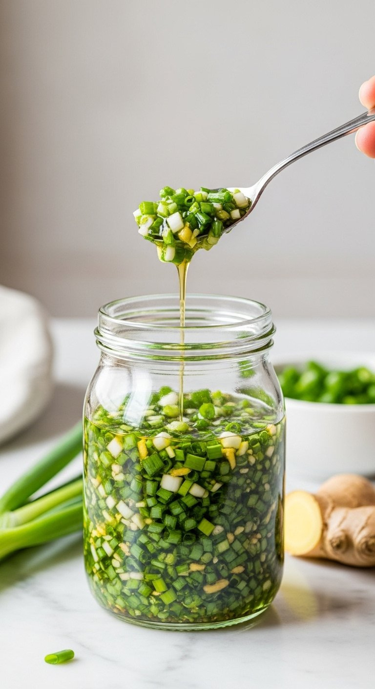 Spoon Lifting Vibrant Green And White Chinese Scallion Ginger Oil From A Clear Glass Jar On A White Marble Countertop.