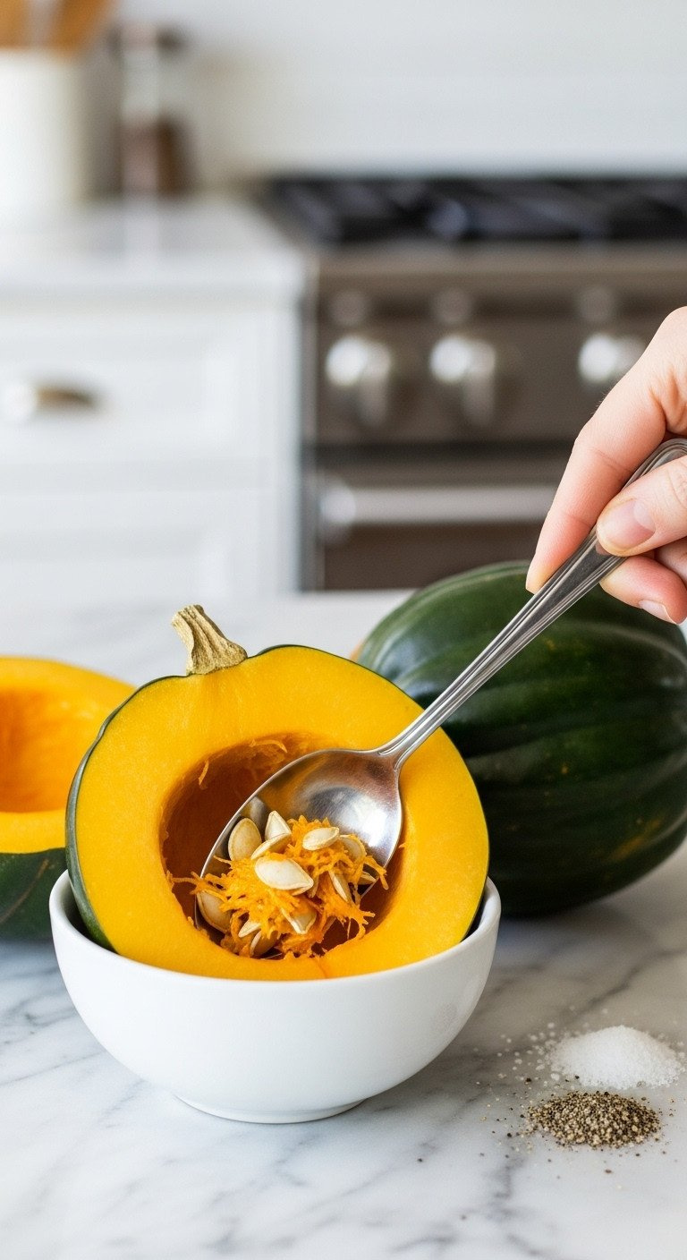Spoon Scooping Seeds From An Acorn Squash Half Into A White Bowl On A Marble Countertop, Clean Kitchen Prep.