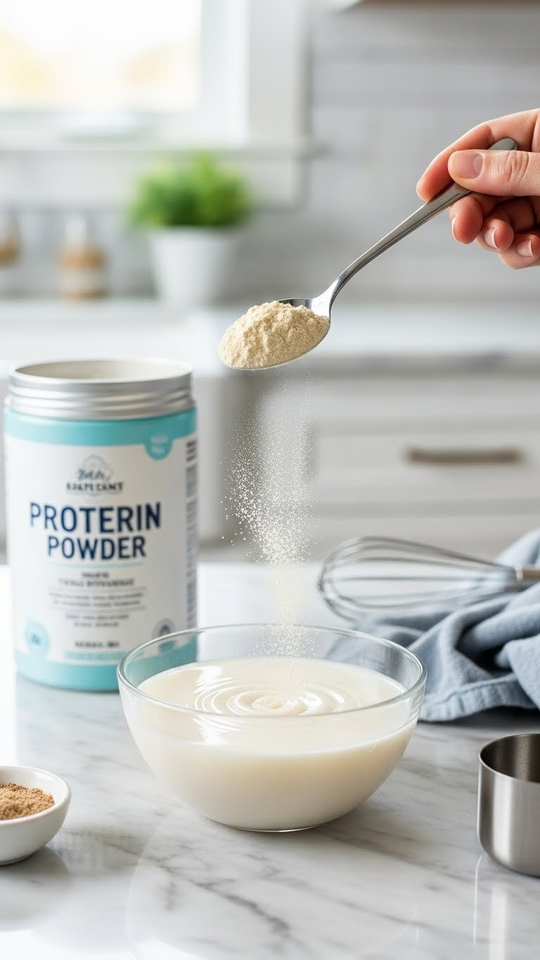 Spoon Sprinkling Protein Powder Into Bowl Of Liquid Creating Ripples With Whisk Ready For Hydration Process