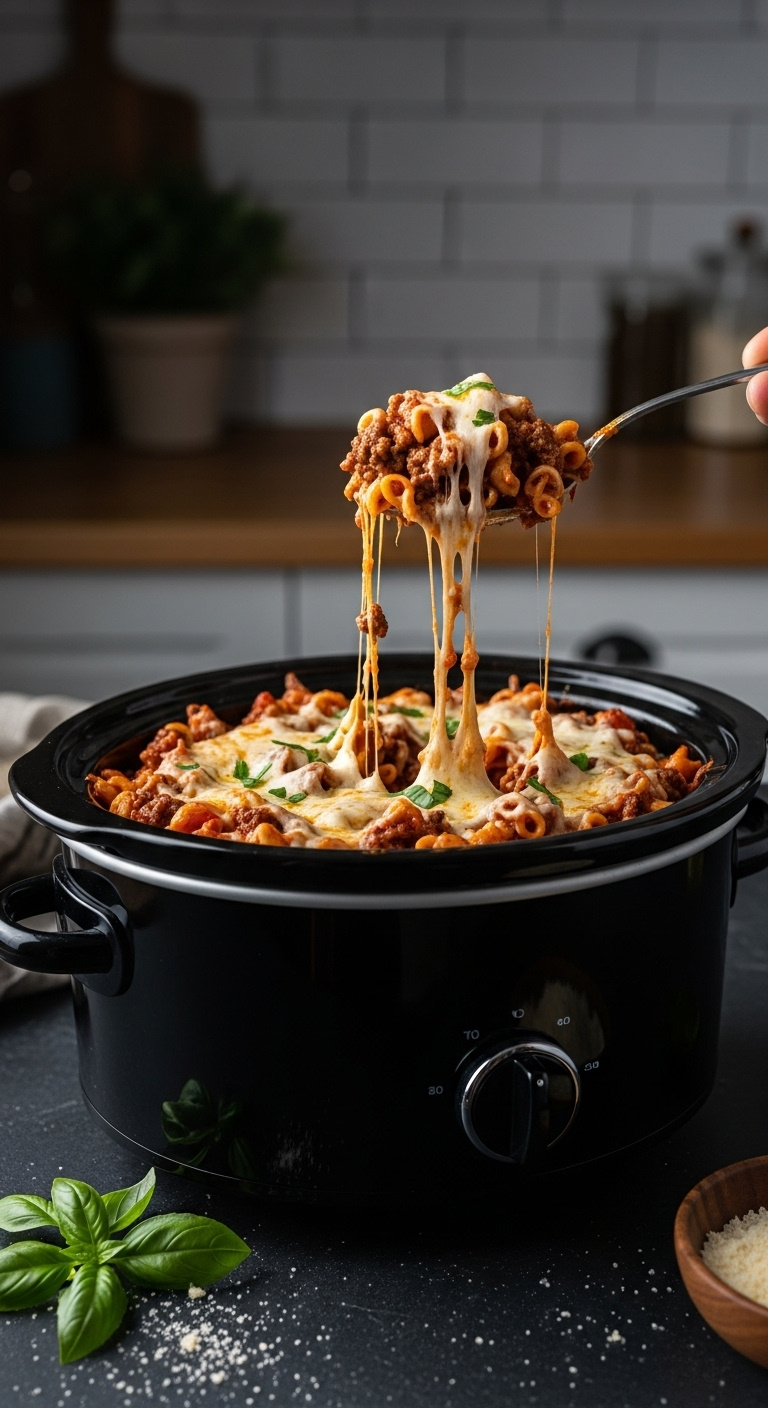 Spoonful Of Cheesy Slow Cooker Ground Beef And Pasta Casserole With A Cheese Pull Lifted From A Dark Crockpot On A Slate Counter