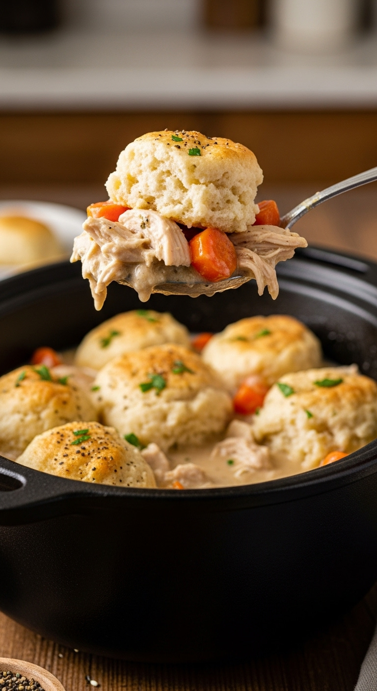 Spoonful Of Creamy Crockpot Chicken And Dumplings With A Fluffy Biscuit Tender Chicken And Carrots Lifted From A Cast Iron Pot