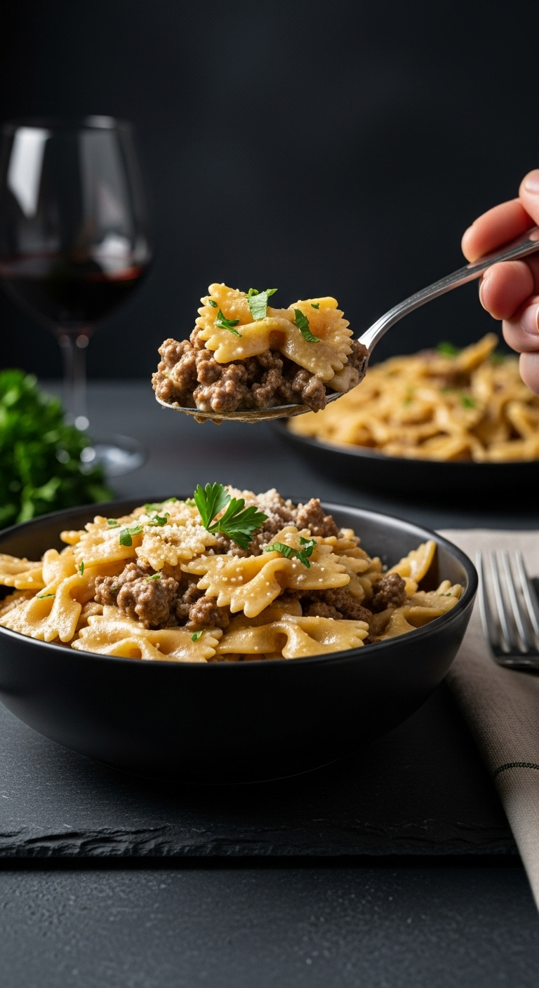 Spoonful Of Creamy Garlic Parmesan Beef Bowtie Pasta With Parsley Over A Dark Ceramic Bowl With Red Wine And A Fork