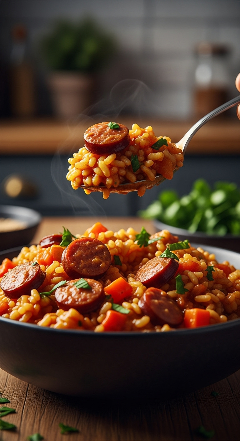 Spoonful Of Creamy Slow Cooker Jambalaya Risotto With Andouille Sausage Rice And Vegetables Lifted From A Rustic Bowl