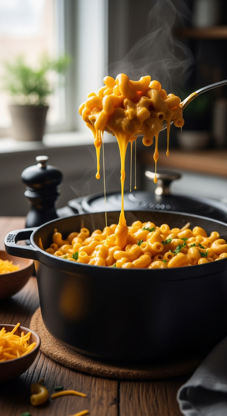 Spoonful Of Creamy Stovetop Mac And Cheese With A Cheese Pull From A Dark Cast Iron Pot On A Rustic Wood Table