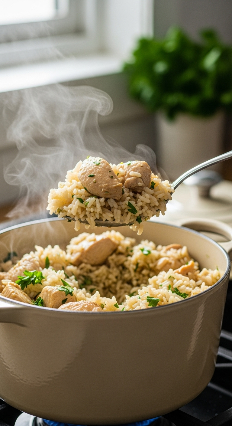 Spoonful Of Fluffy Chicken And Rice Being Lifted From An Enameled Dutch Oven With Steam And Fresh Parsley