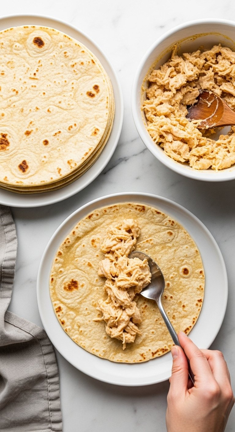 Spoonful Of Rich Chicken Filling Placed On A Warm Tortilla Beside A Stack Of Tortillas On Marble.