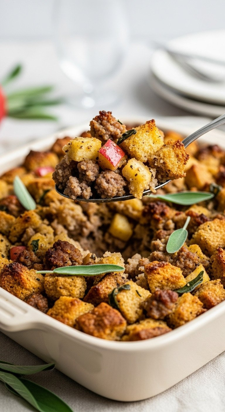 Spoonful Of Savory Apple Sausage Stuffing, Rustic Casserole Dish, Crisp Golden-Brown Top, Green Sage, Holiday.