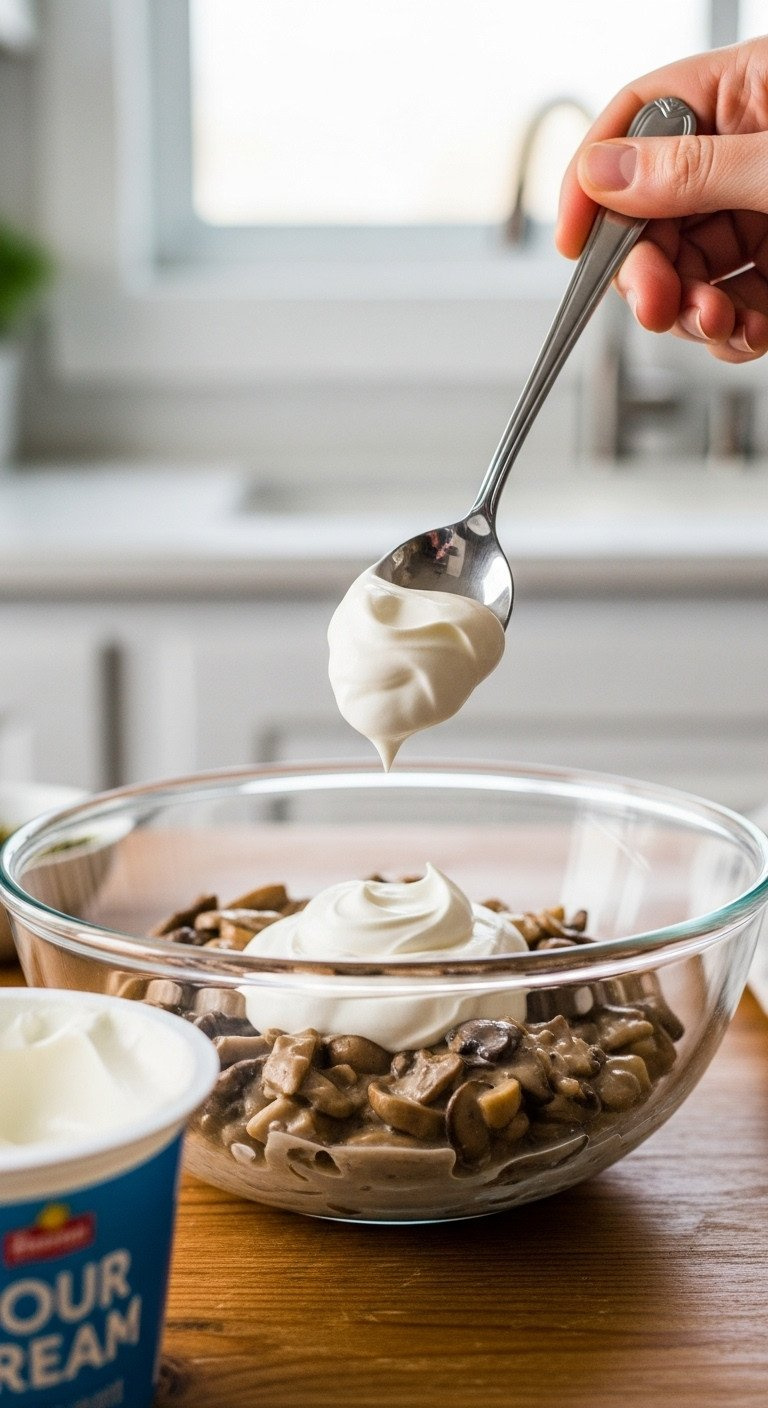 Spoonful Of Thick Sour Cream Dolloped Into Creamy Mushroom Casserole Mixture In Glass Bowl, Enhancing Recipe Flavor.