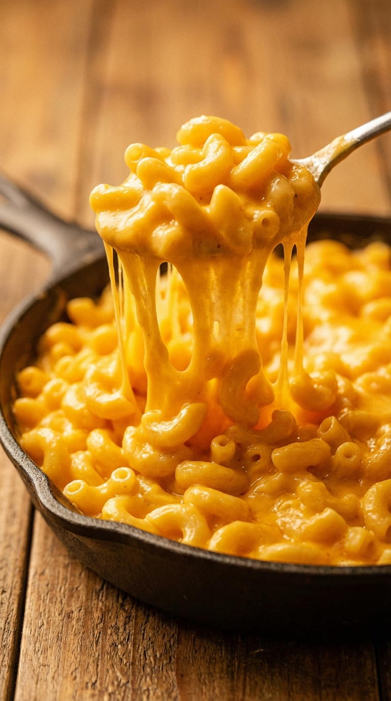 Spoonful Of Ultra-Creamy Mac And Cheese Creating Epic Cheese Pull Lifted From Cast Iron Skillet On Wooden Table