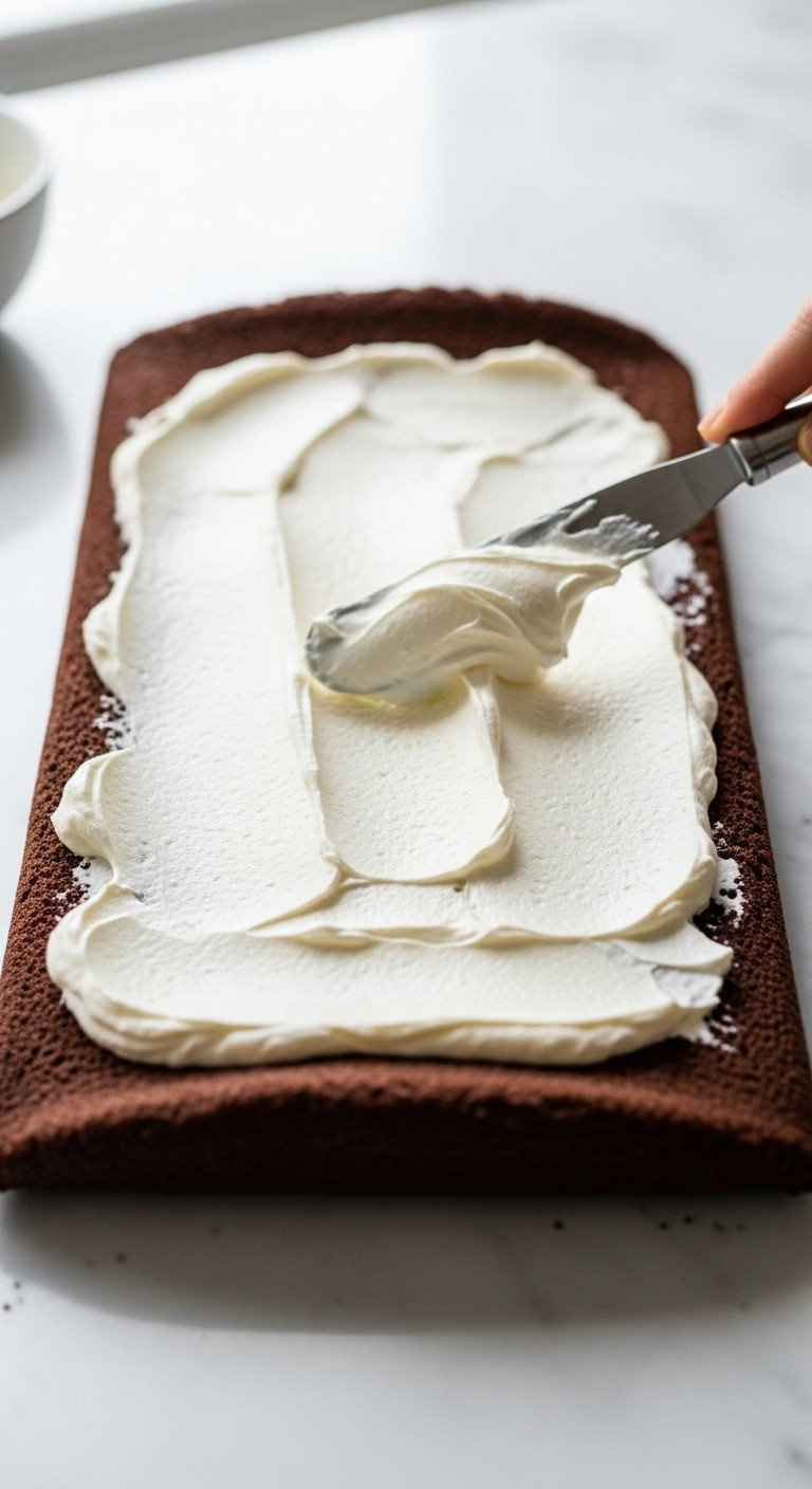 Spreading Thick White Mascarpone Cream Filling Onto An Unrolled Chocolate Sponge Cake With An Offset Spatula On Marble.