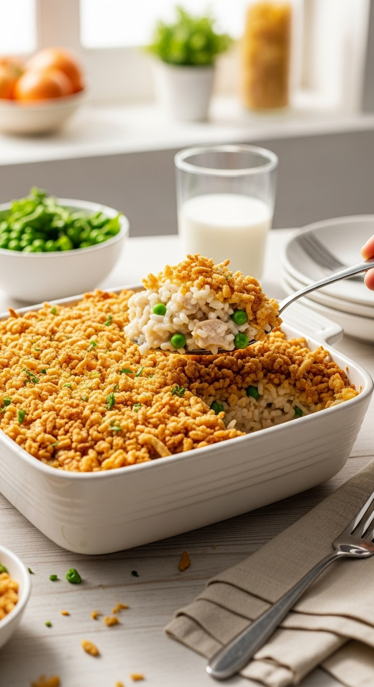 Square Ceramic Casserole Dish With Creamy Chicken And Rice Mixture Topped With Crunchy French Fried Onions Revealing Creamy Interior With Chicken And Peas
