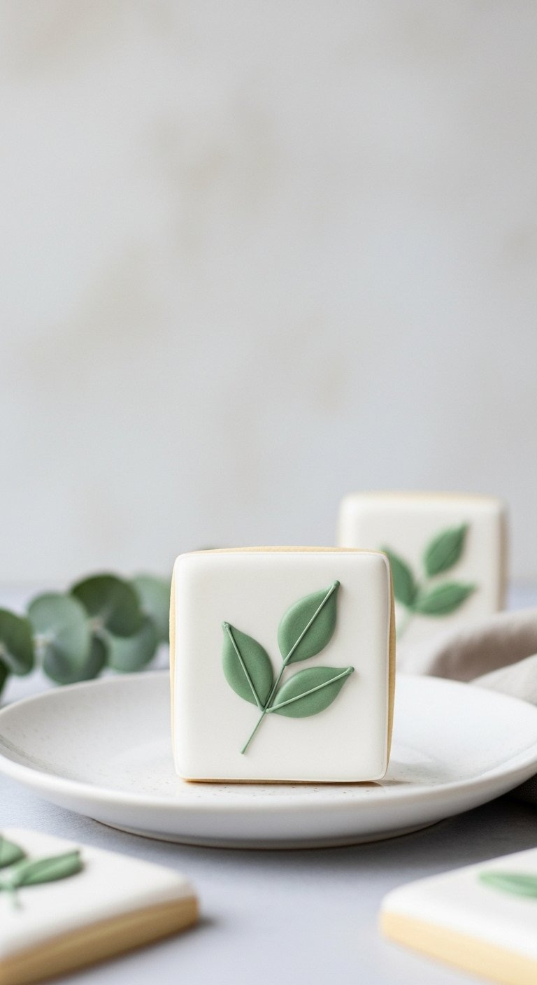 Square Cream Sugar Cookie With Elegant Muted Sage Green Botanical Leaf Design On White Plate.