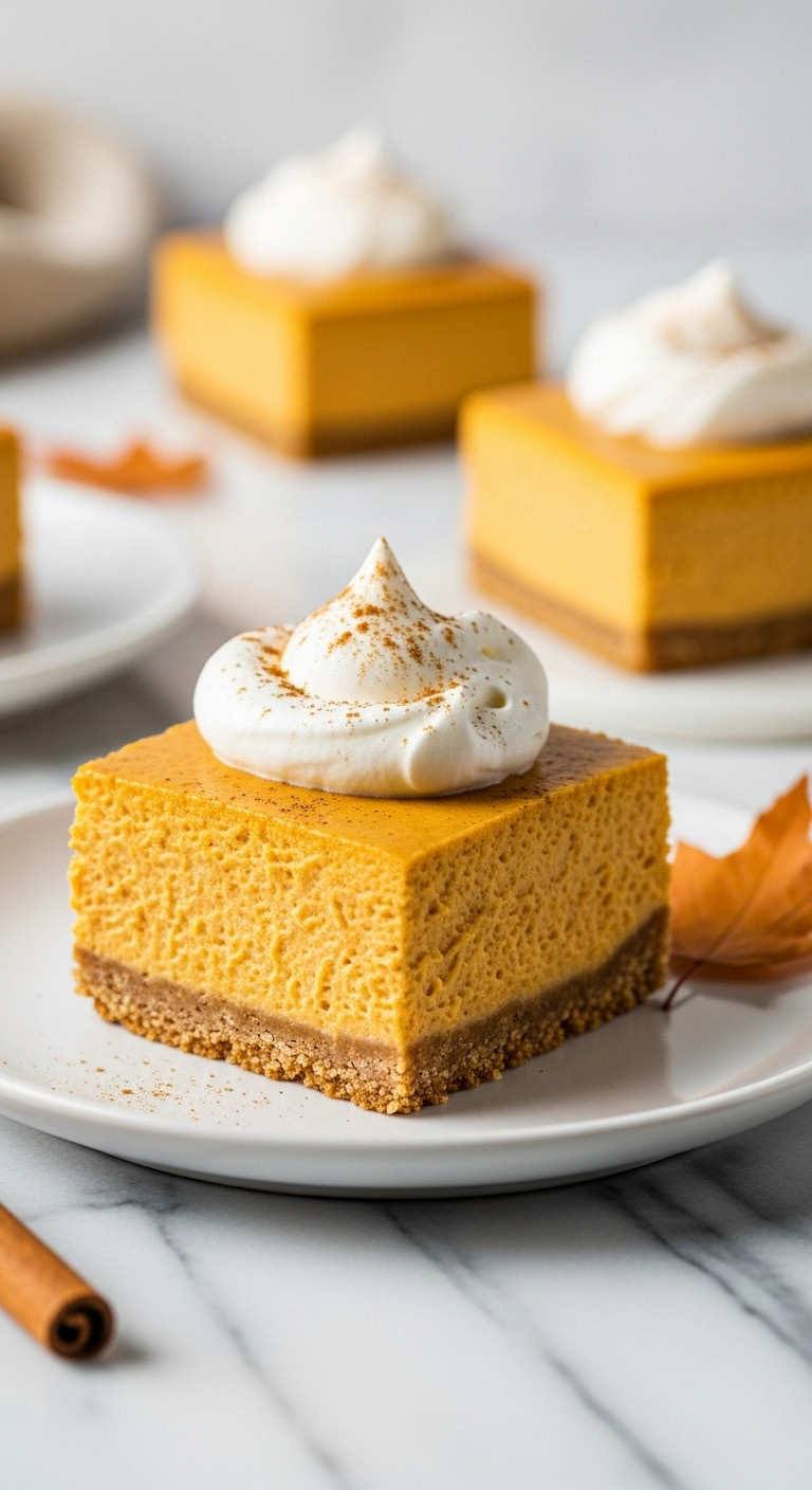 Square Creamy Pumpkin Cheesecake Bar With Graham Cracker Crust Whipped Cream And Cinnamon On A White Plate