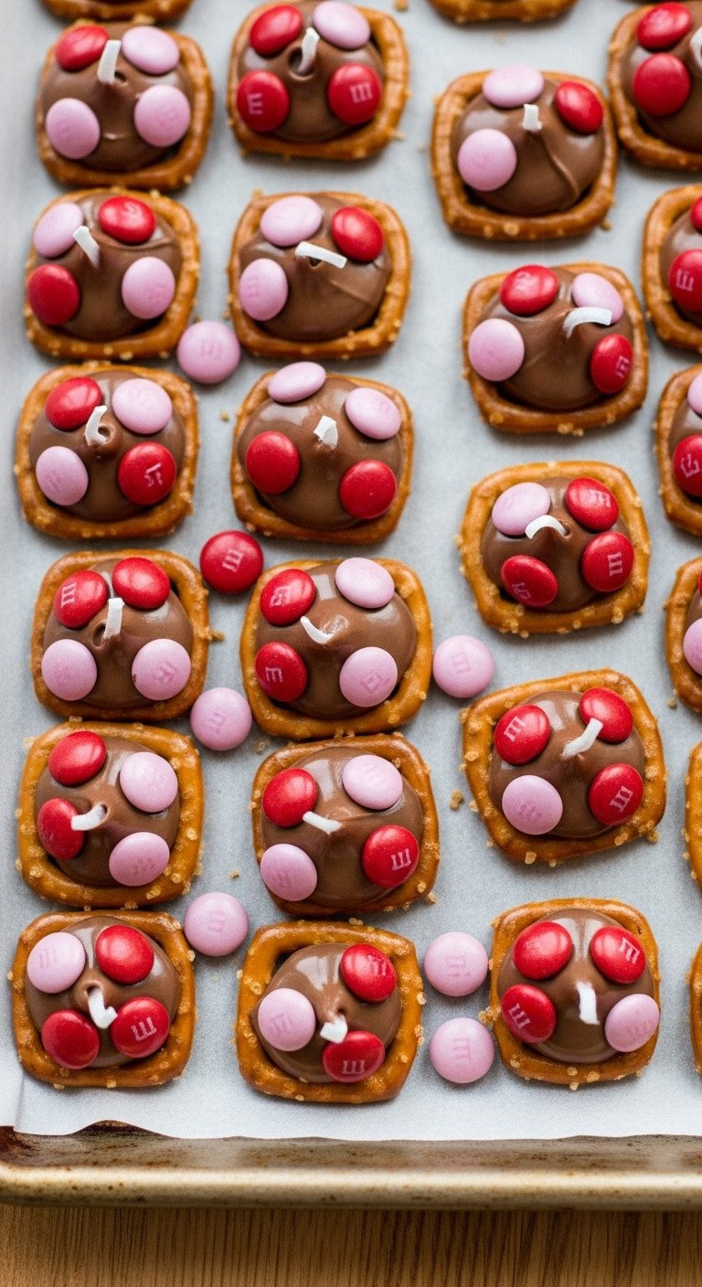 Square Pretzel Snaps Topped With Melted Milk Chocolate Kisses And Festive Red And Pink M&Amp;Ms On A Baking Sheet.