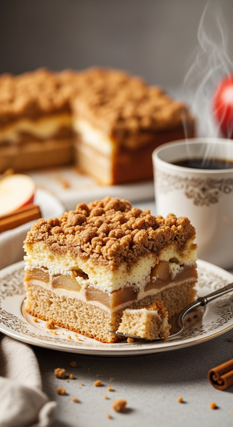 Square Slice Of Apple Streusel Coffee Cake Showing Cinnamon Topping And Cream Cheese Filling Next To Coffee
