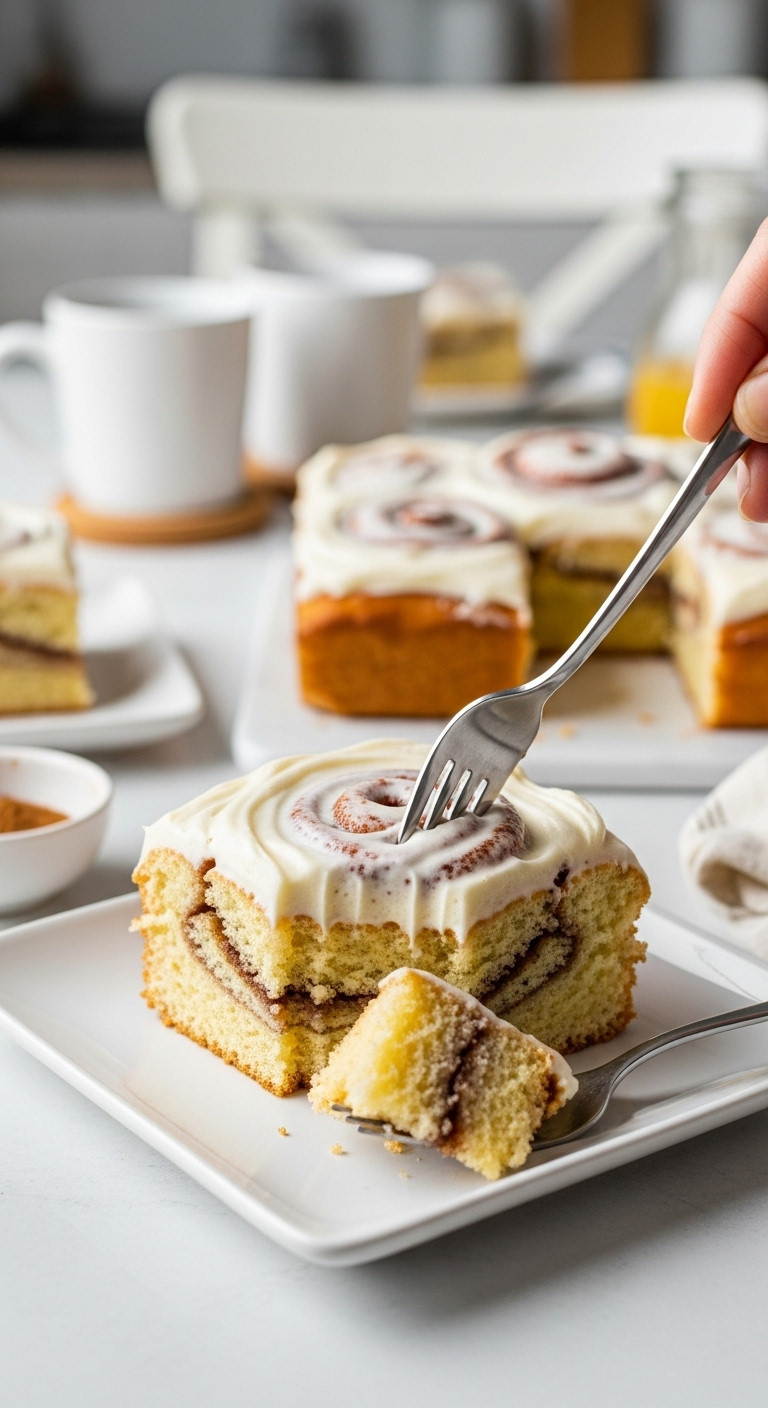 Square Slice Of Easy Cinnamon Roll Cake With A Visible Swirl And Thick Cream Cheese Frosting On A White Plate
