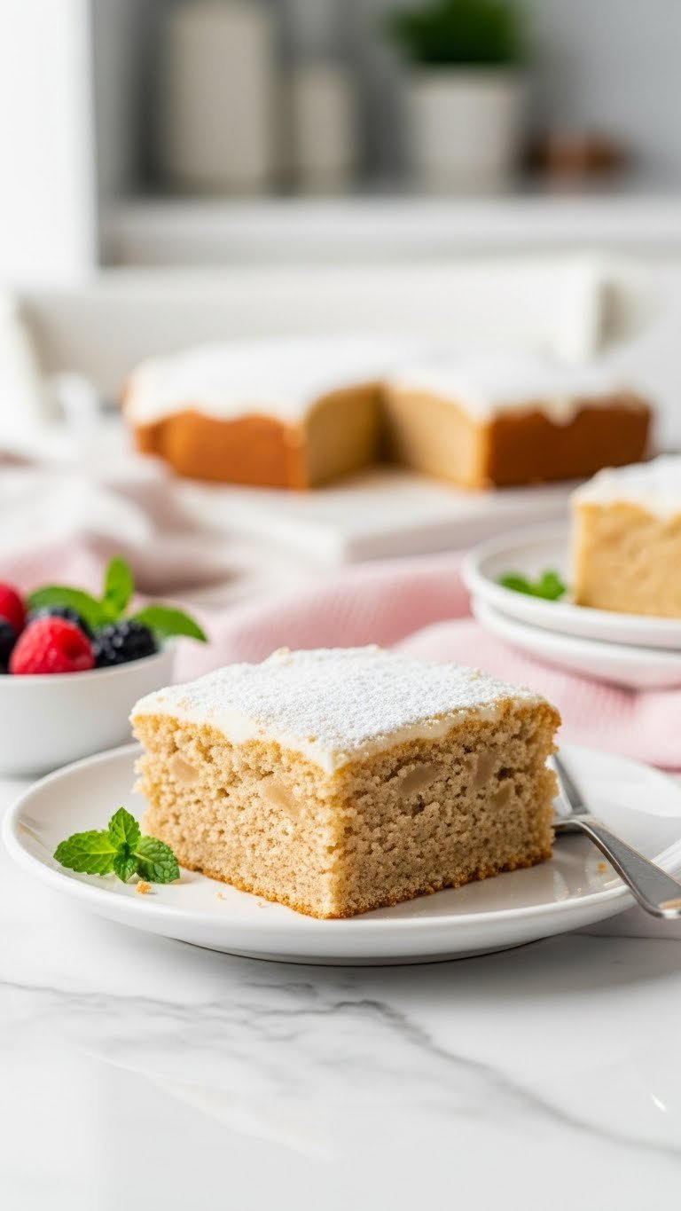 Square Slice Of Moist Applesauce Snack Cake With Powdered Sugar Topping On White Dessert Plate