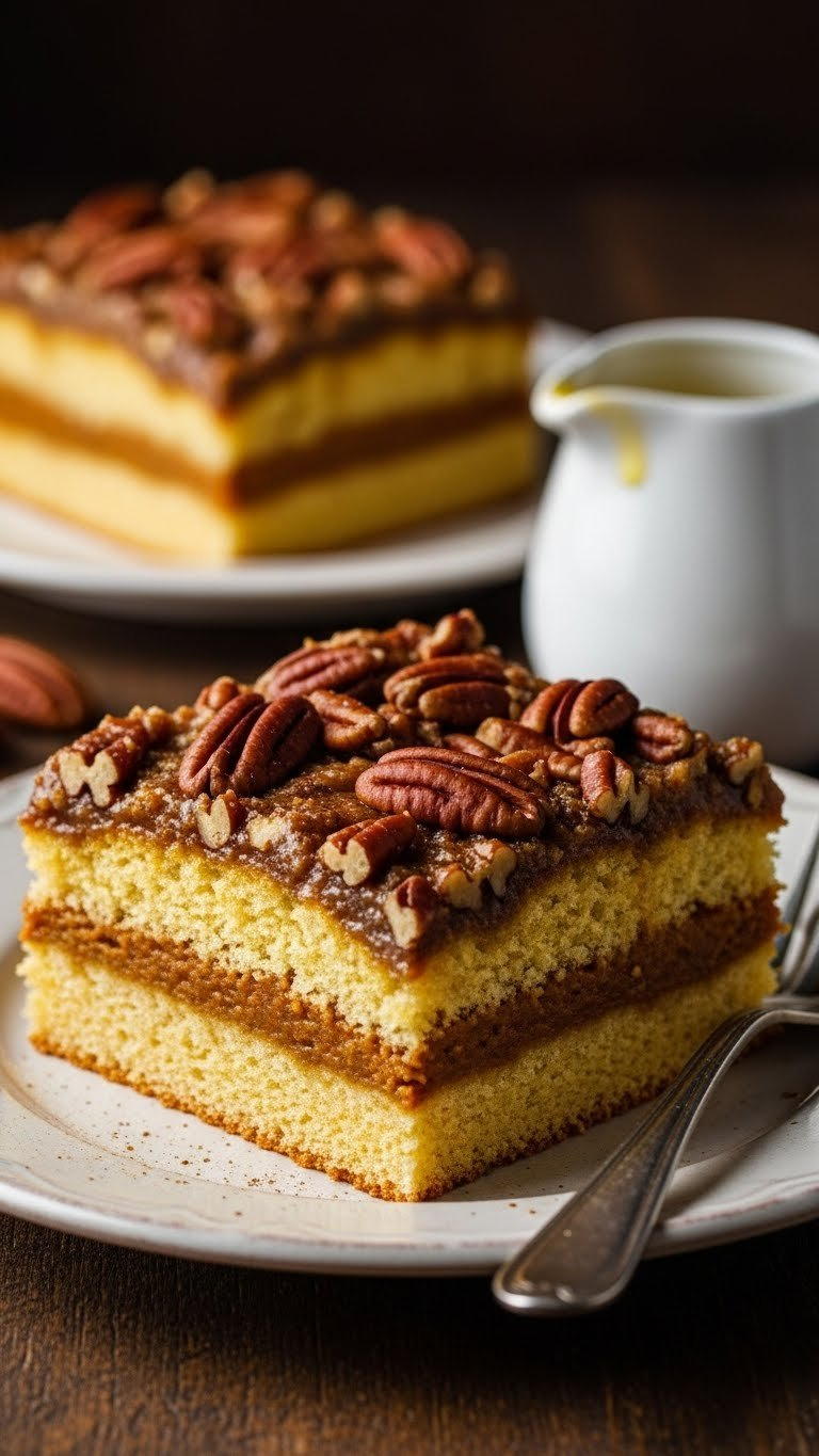 Square Slice Of Pumpkin Crunch Cake With Pecan Topping, Spiced Pumpkin Layer, On Vintage Plate With Pitcher Of Butter.
