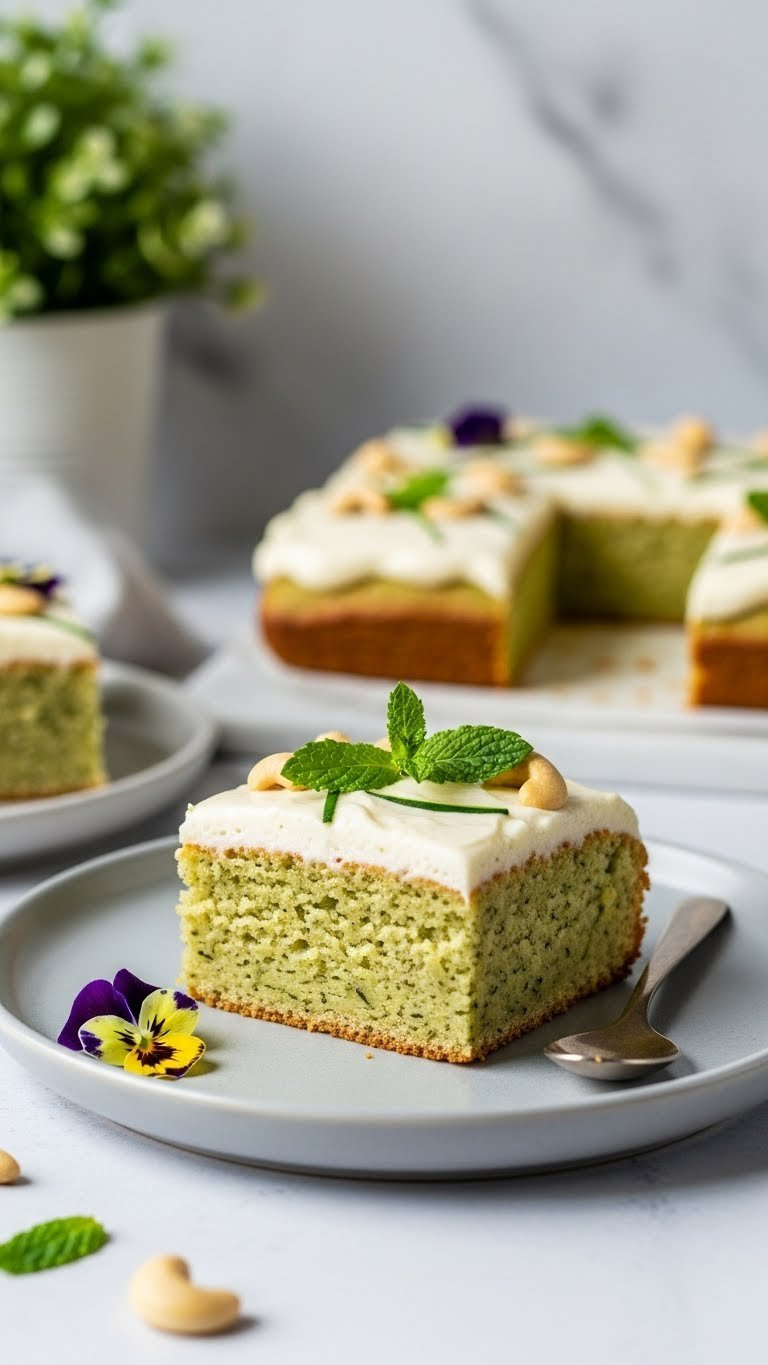 Square Slice Of Vegan Zucchini Snack Cake With Cashew Cream Frosting On Minimalist Light Grey Plate